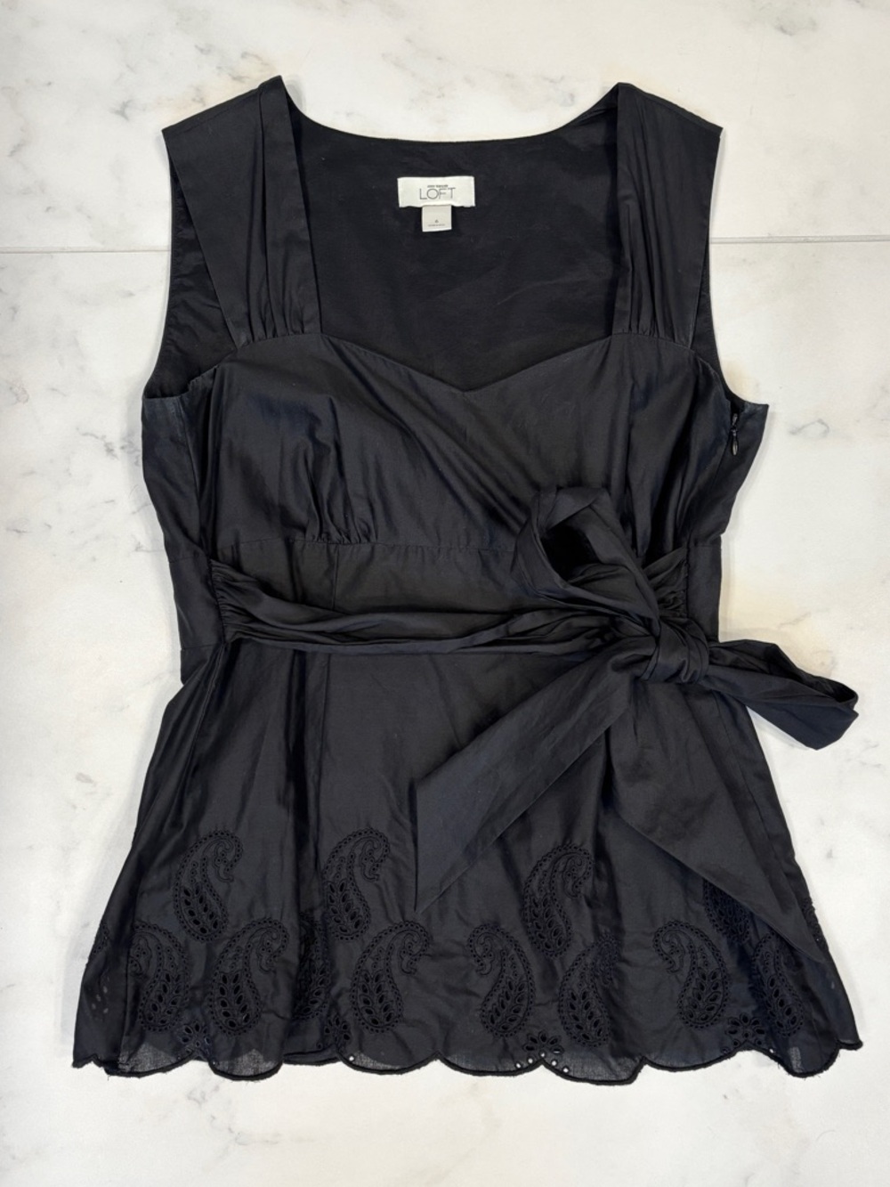 LOFT Black Cotton Sleeveless Tie-Waist Sweetheart Neck Scalloped Eyelet Hem Top